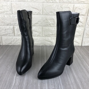 断码撤柜处理品牌真皮女靴头层牛皮粗跟尖头中筒靴百搭时尚靴子