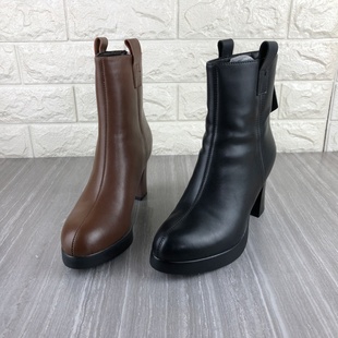 断码撤柜处理真皮牛皮女靴高跟尖头时装靴后拉链加绒保暖女棉靴