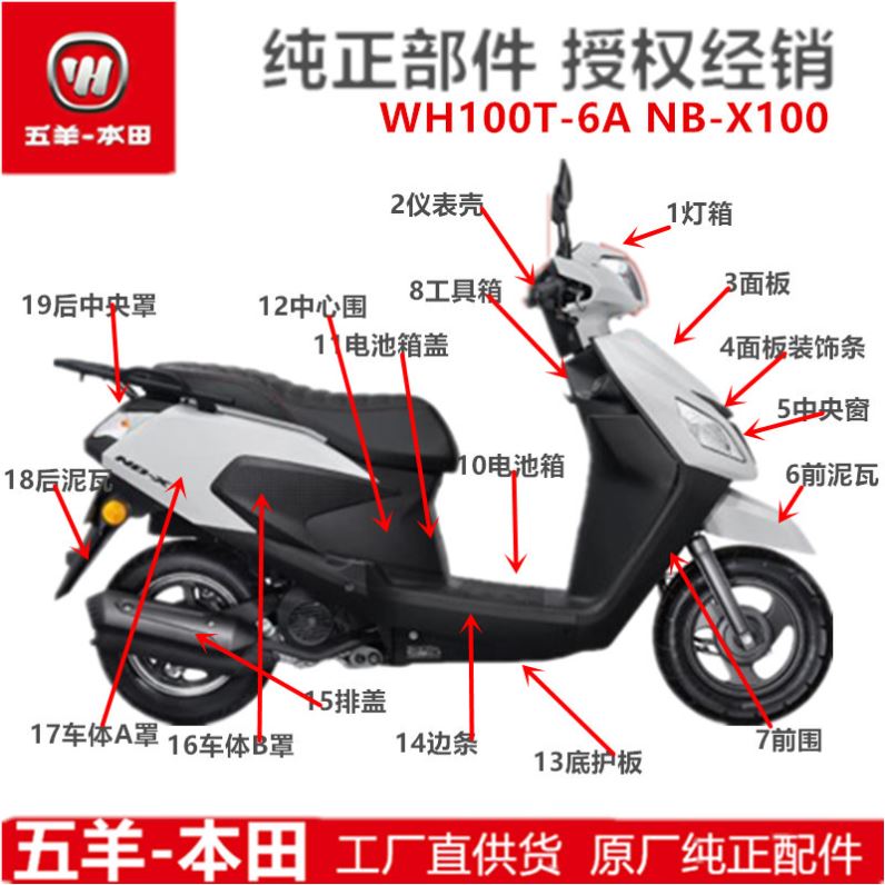 适用五羊本田NBX100全车外壳WH100T-6A灯箱面板前围边条大灯