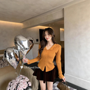 收腰翻领针织衫 温柔风蕾丝拼接修身 女G7530 START秋冬法式 GS.GOOD