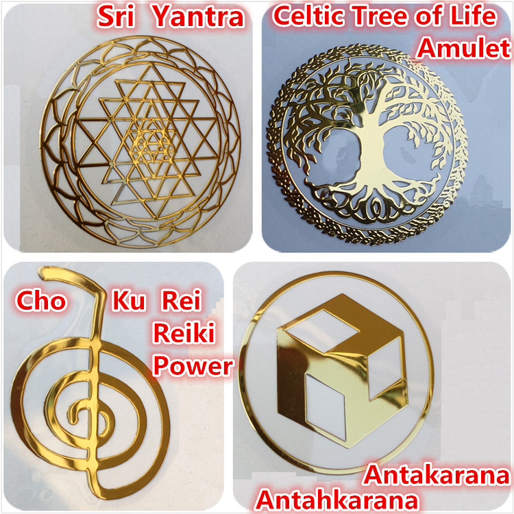 metal stickers:om/aum;sri yantra;reiki power:cho ku rei