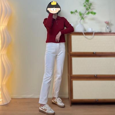 白色四面弹高腰小直筒九分牛仔裤