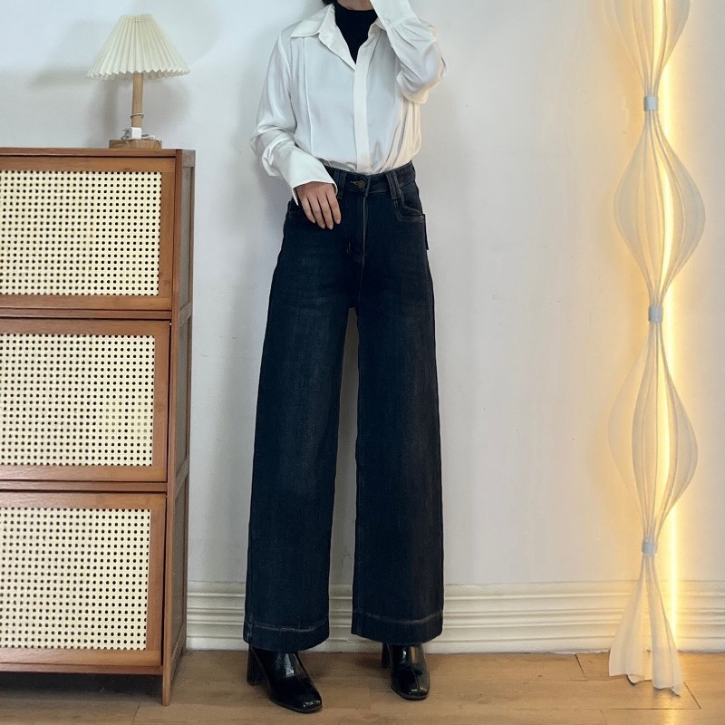 【清仓不退换】小个子厚绒高腰直筒牛仔裤女冬阔腿保暖九分奶奶裤