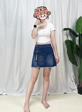 毛边牛仔短裙围裹式深蓝色经典款系带装饰半身裙子迷你裙超短裤