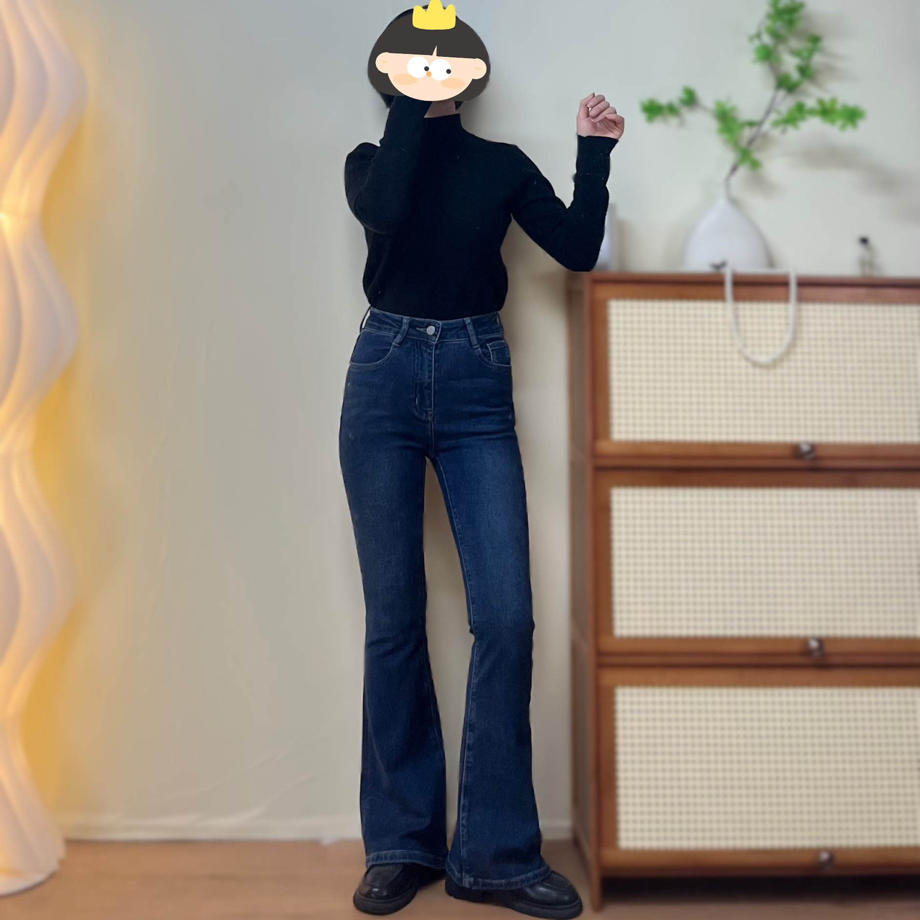 经典蓝春款深蓝色高腰弹力微喇叭牛仔裤女修身显瘦小个子马蹄长裤