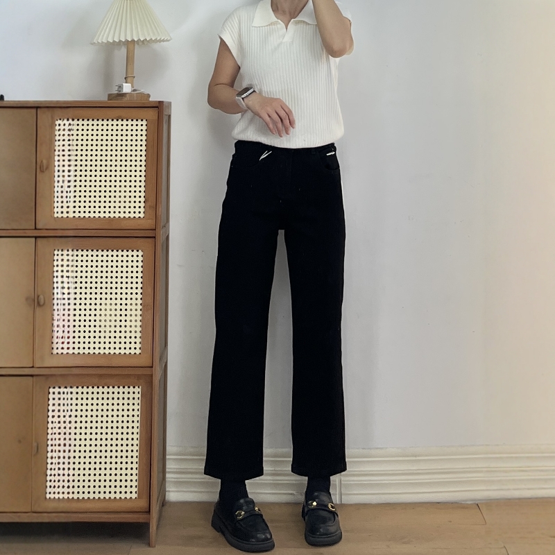 四面弹小个子加特绒黑色高腰法棍牛仔裤女冬显瘦保暖小直筒九分裤