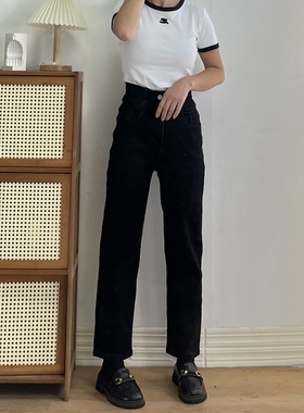加绒黑色高腰弹力修身显瘦法棍牛仔裤女秋冬新款百搭宽松九分裤子