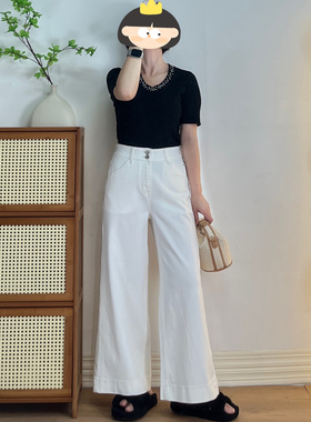 SM×四面弹薄款白色高腰直筒牛仔裤女夏季宽松百搭休闲阔腿九分裤