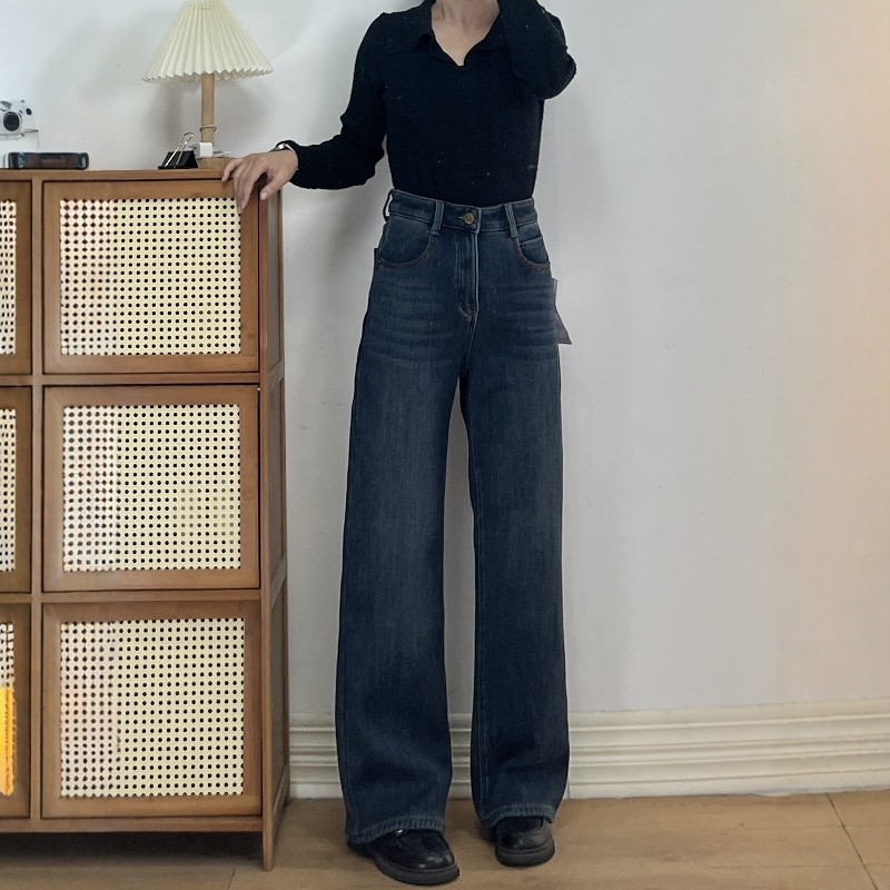 复古蓝加厚绒高腰显瘦窄版直筒牛仔裤女冬款宽松刺绣阔腿保暖长裤