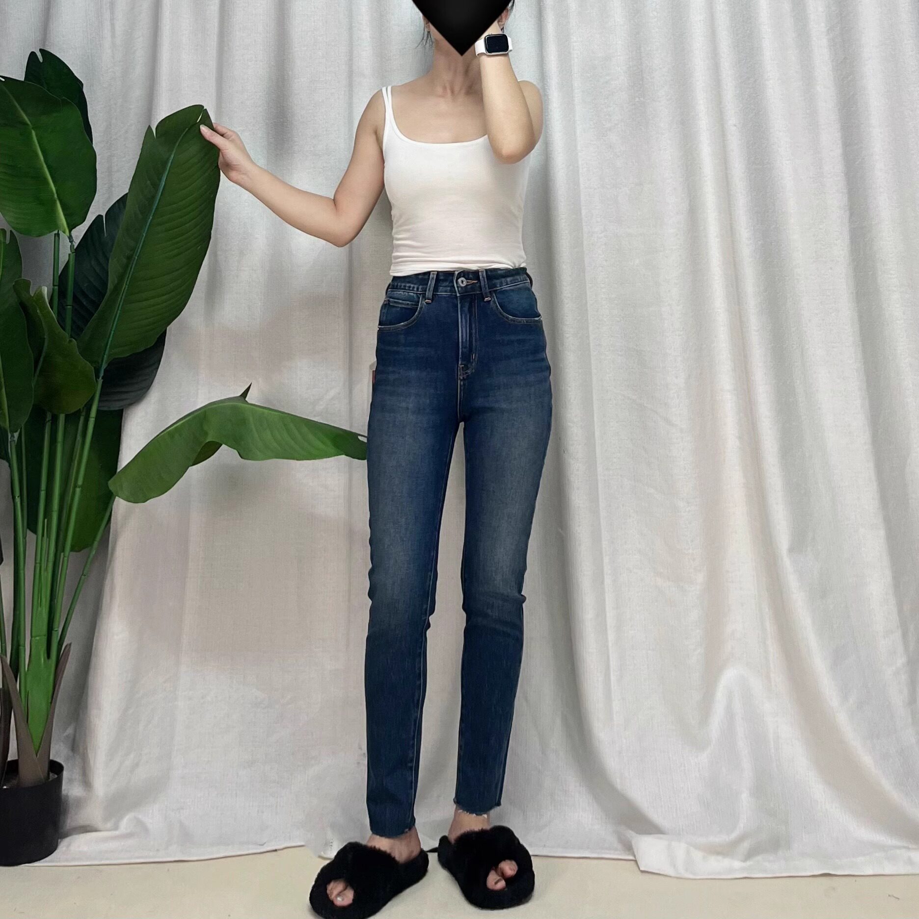 【断码清仓 NO退换】四面弹经典蓝毛边小脚裤紧身显瘦显高铅笔裤