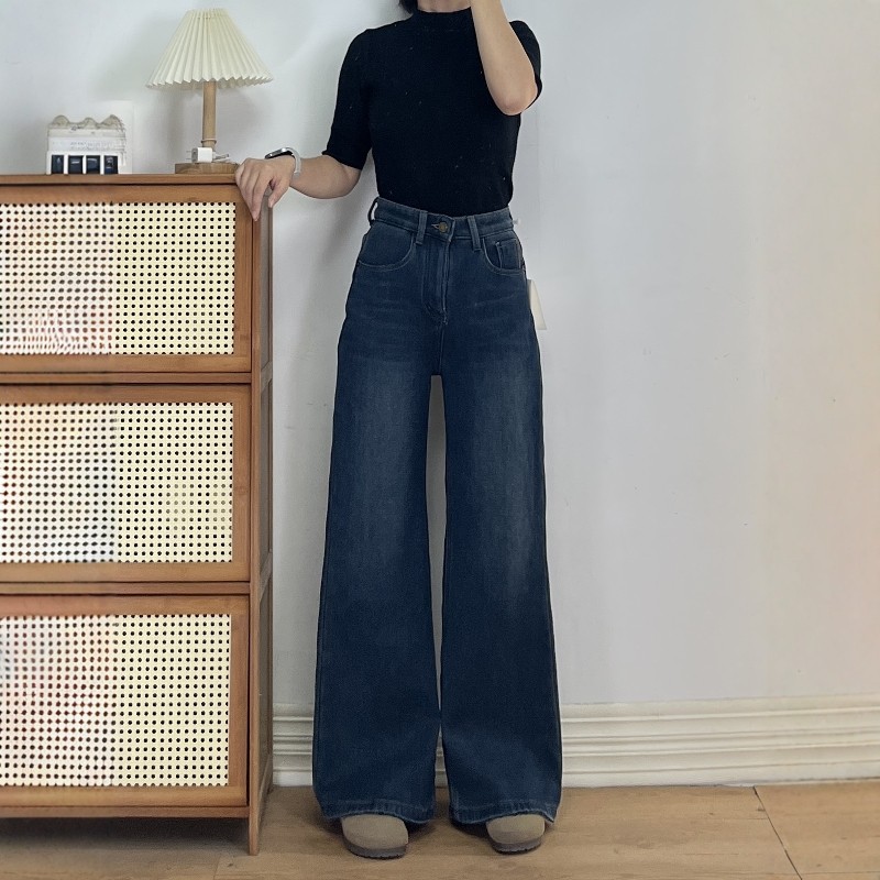 【清仓不退换】加厚密密绒复古直筒微喇牛仔裤女冬高腰宽松长裤子