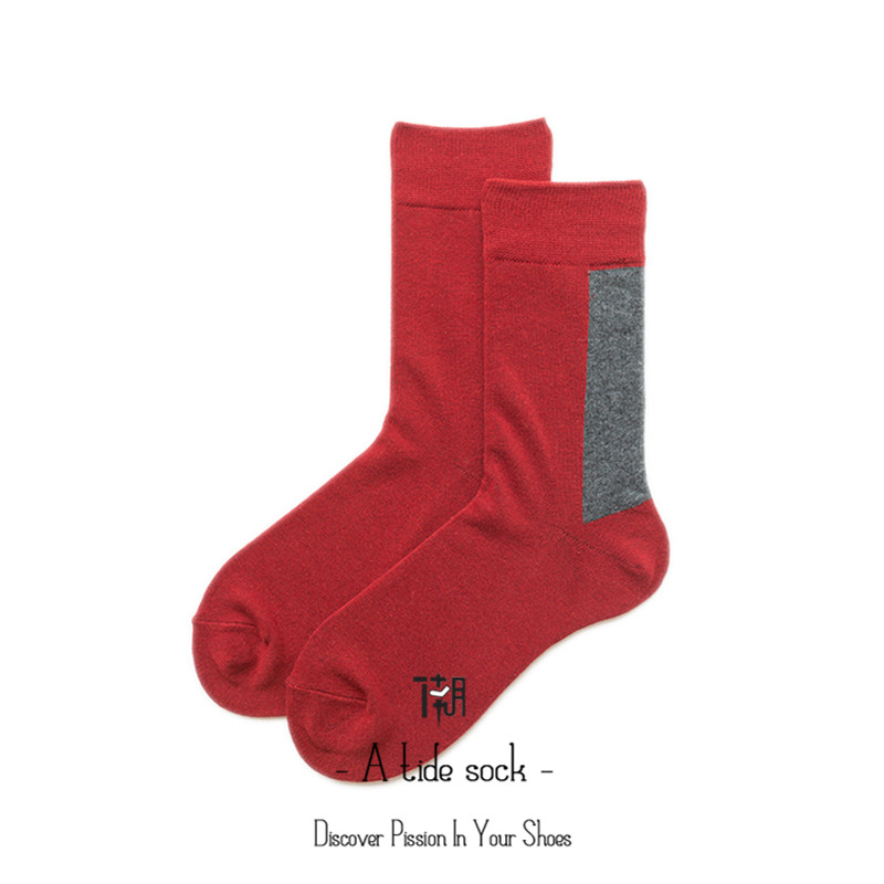 A tide sock 袜子复古红棉袜拼色主义潮流中筒袜情侣款幸运红袜子