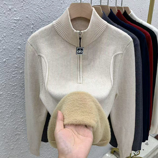 半高领加绒毛衣女士上衣针织衫短款时尚洋气秋冬一体绒内搭打底衫