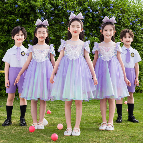幼儿园园服夏季班服小学生夏装纱裙套装儿童短袖毕业照六一表演服