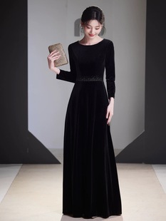 高级感黑色丝绒连衣裙女新款胖美妹圆高级感弹力丝绒连衣裙女新款