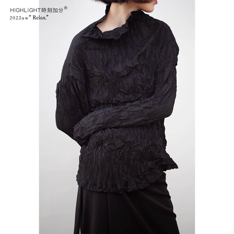 立体褶皱时髦长袖不规则上衣显瘦