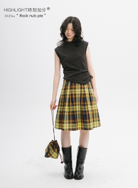 HIGHLIGHT加分25ss 黄色笔记本 色织纯棉细节袢带格纹百搭百褶裙