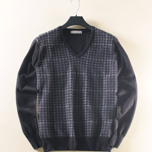 和前秀商务百搭羊毛针织衫千鸟格拼接 经典V领长袖套头男毛衣A11