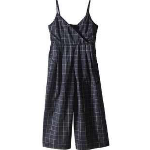 E5和前秀夏日梭织纯棉料阔脚女装裤格子吊带高腰连衣裤连体裤长裤