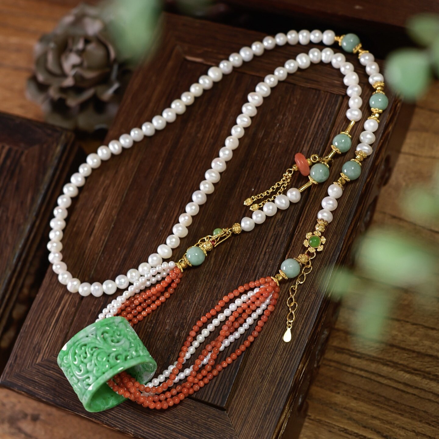 天然淡水珍珠南红长款项链女A货镂空雕刻福字扳指吊坠925银毛衣链