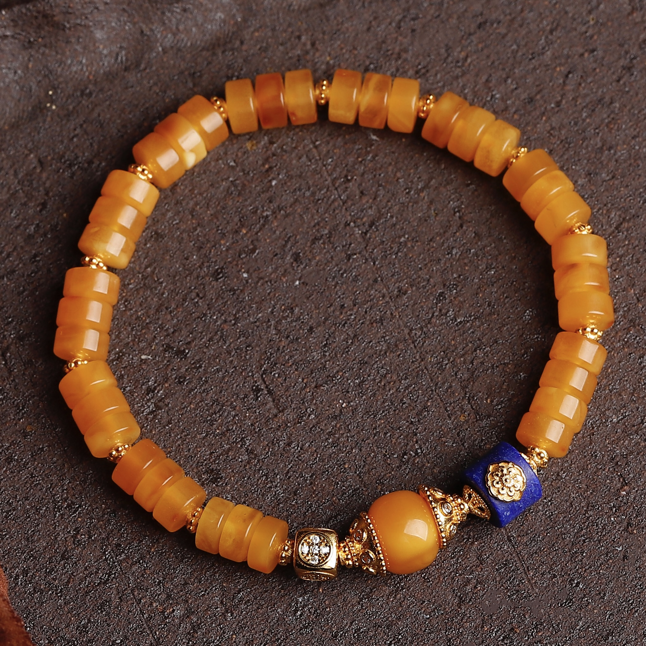 中国风天然直切蜜蜡手串女青金石镶嵌S925银镀金琥珀手串新年礼物