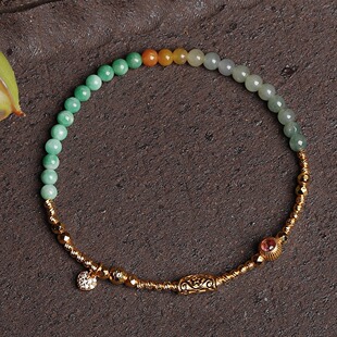 简约天然A货缅料三彩翡翠圆珠手链女石榴石镶嵌S925纯银镀金手串