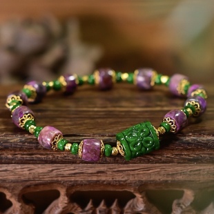 天然樱花粉紫舒俱来手链女A货缅甸辣绿雕花翡翠轻奢手链生日礼物