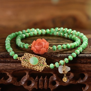 天然算盘珠翡翠双圈手链女保山南红牡丹花白玉葫芦S925银镀金手串