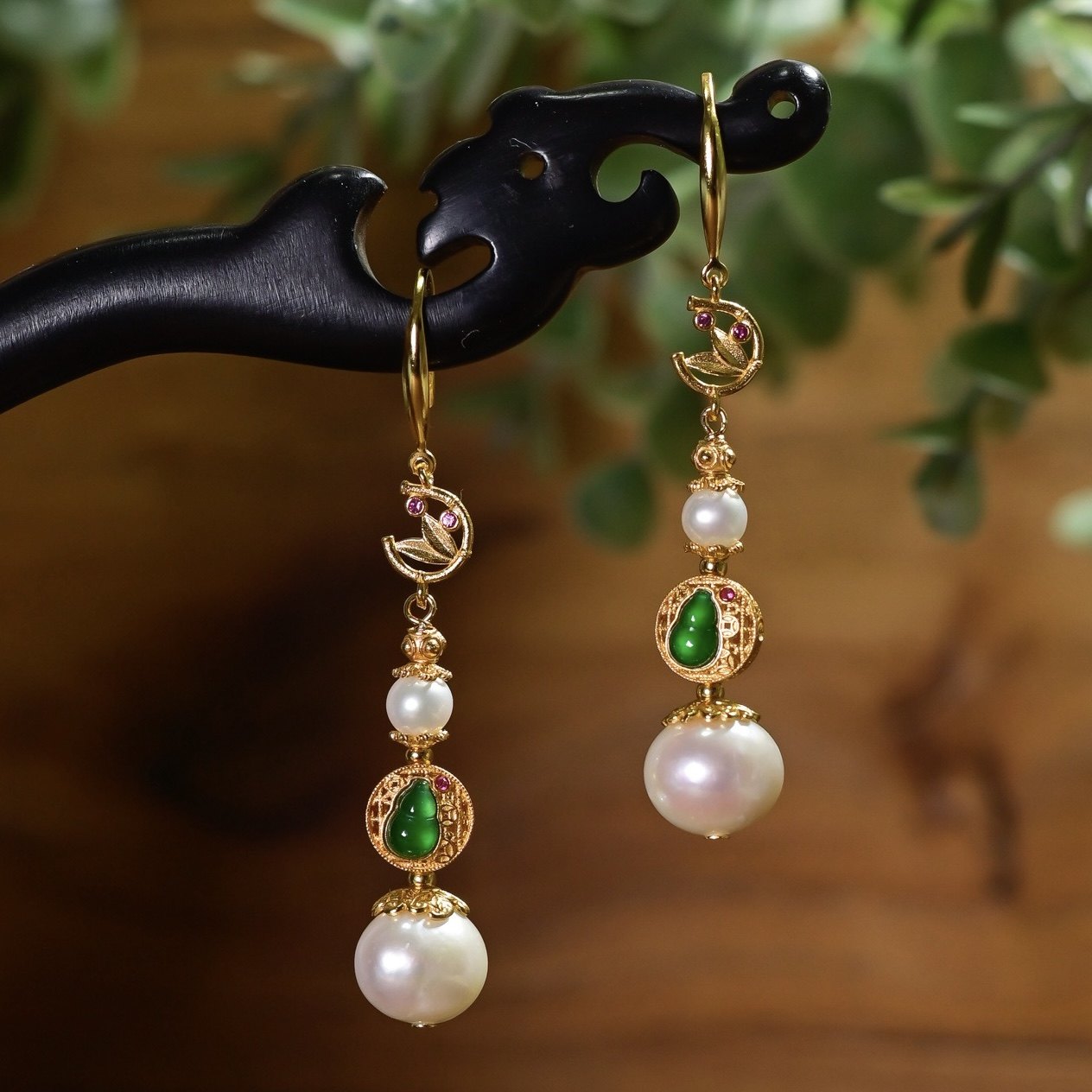 天然淡水珍珠耳环耳坠搭配危料翡翠葫芦S925纯银镀金竹叶长款耳饰,珠宝/钻石/翡翠,耳饰,淘宝优惠券,粉丝福利购,淘宝优惠卷