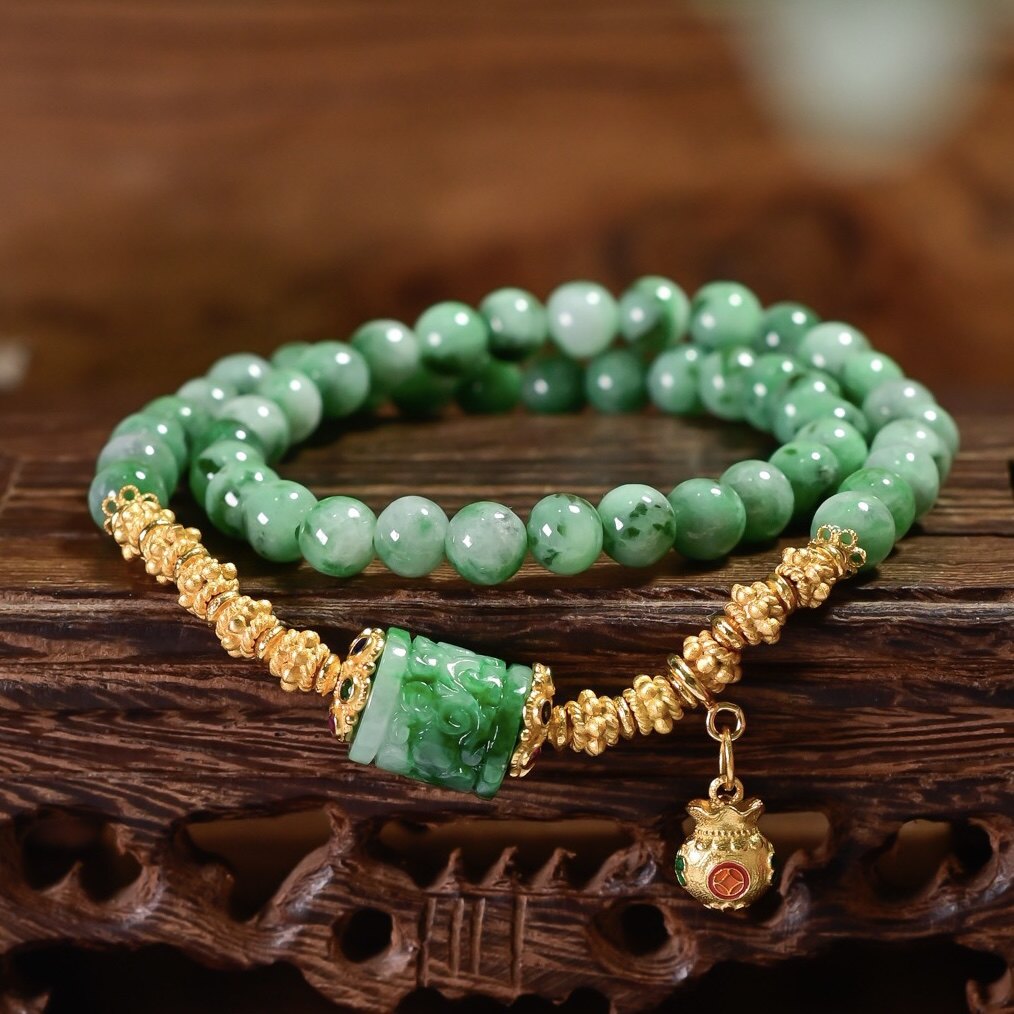 天然A货雕花翡翠路路通飘花圆珠双圈手链手串女925纯银镀金小钱袋