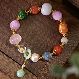轻奢天然多宝彩宝手串干青翡翠南红蜜蜡珍珠紫锂辉粉晶海蓝宝手链