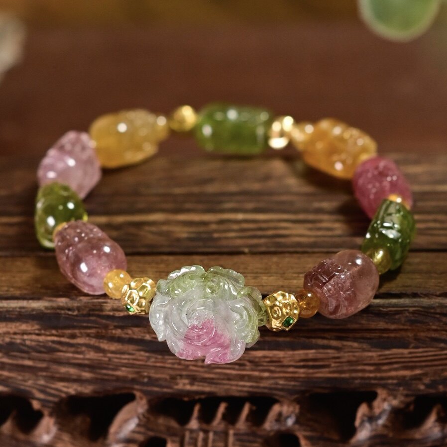 天然浓彩碧玺雕刻招财貔貅手链手串女西瓜碧雕刻牡丹花通体18K金