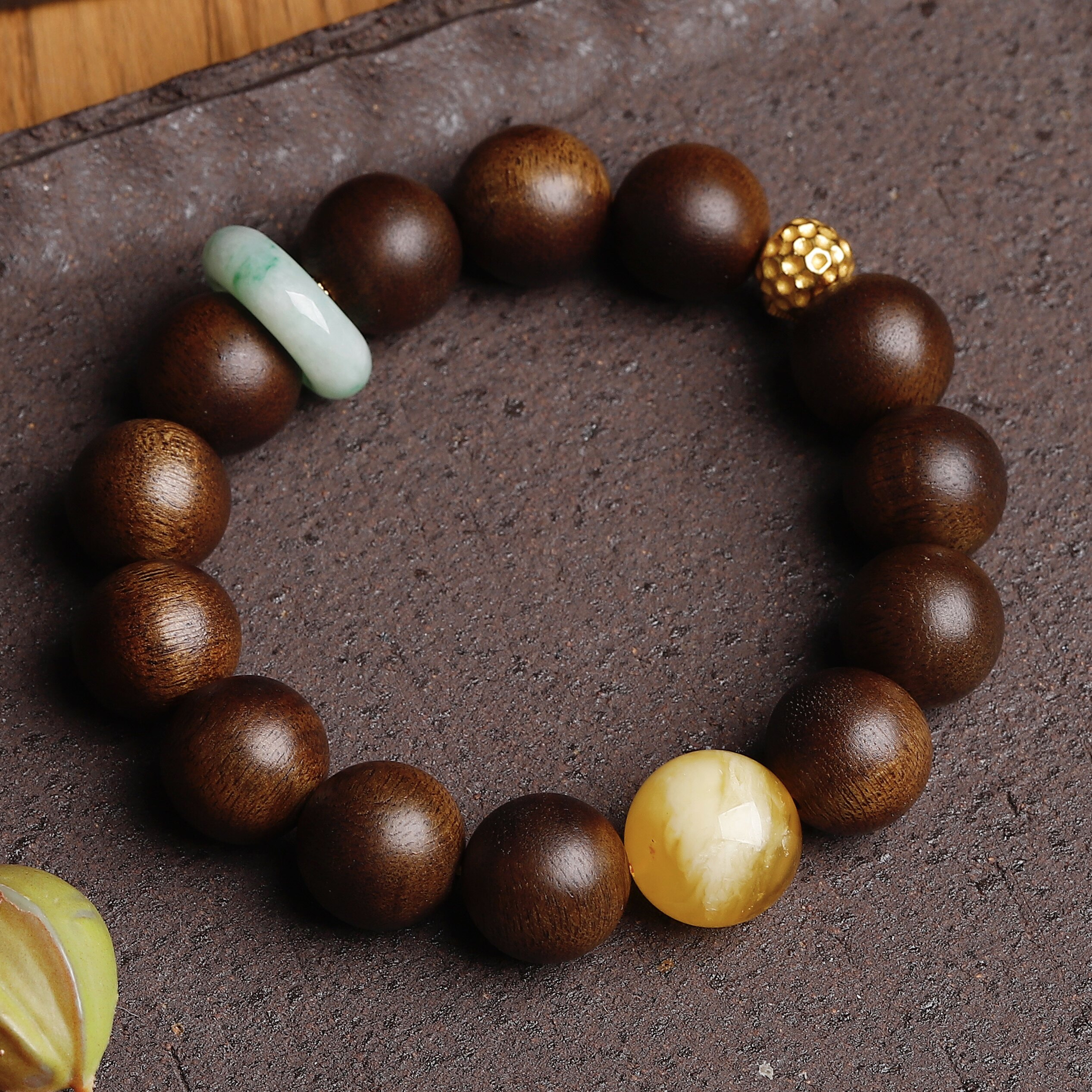 天然沉香手串手链男女同款蜜蜡圆珠辣绿色翡翠平安扣S925纯银镀金