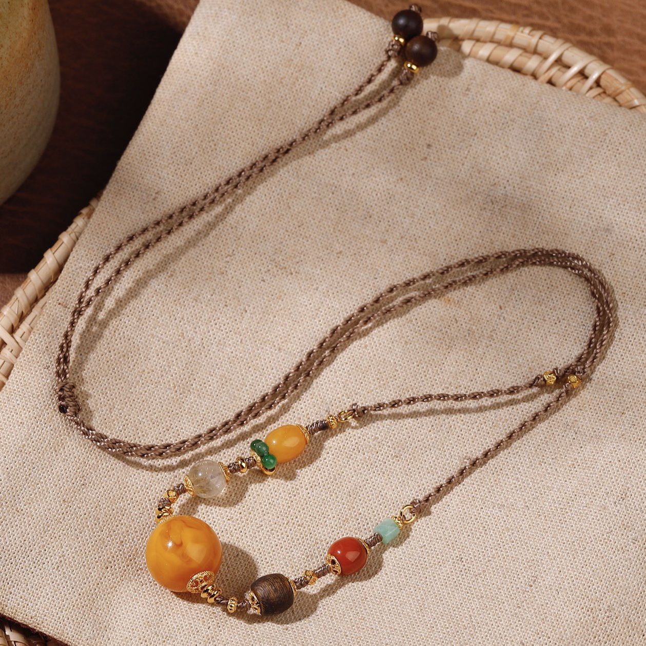 新中式天然俄料圆珠蜜蜡吊坠项链