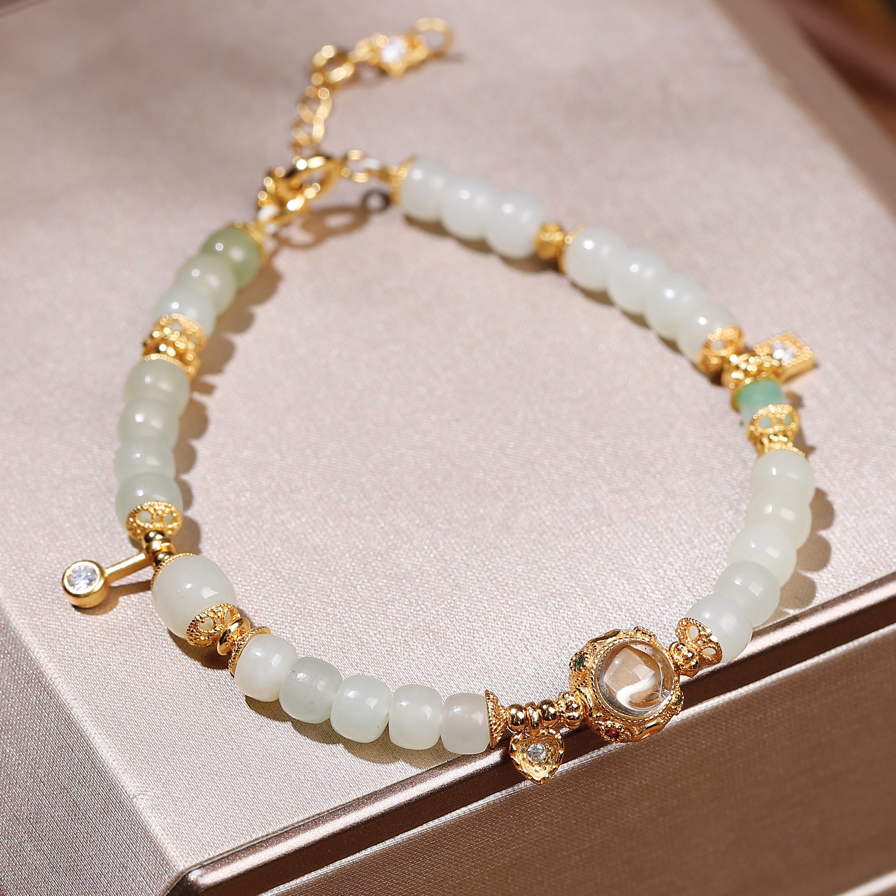 新中式天然渐变和田玉算盘珠手链