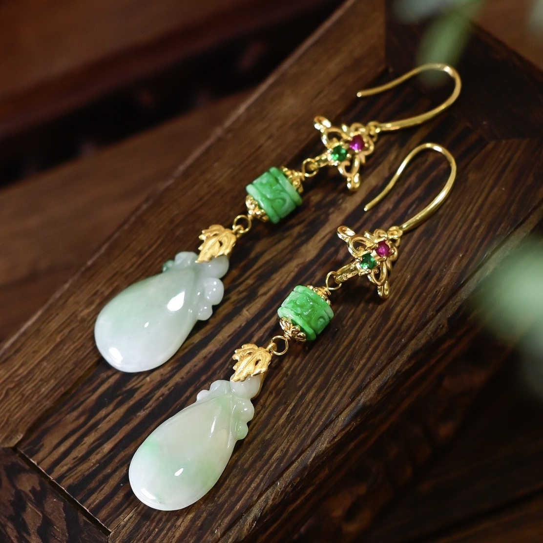 天然飘花福瓜翡翠长款耳环耳坠女