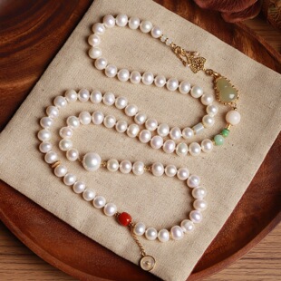 新中式天然强光淡水珍珠毛衣链女和田玉葫芦镶嵌银饰南红长款项链