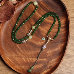 新中式108颗天然菠菜绿和田碧玉长款项链毛衣链翡翠平安扣紫龙晶