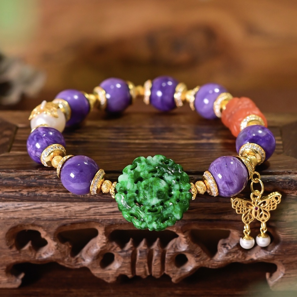 天然紫龙晶翡翠镂空雕刻圆牌手链