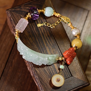 中国风天然A货雕刻莲花翡翠手牌多宝手链粉晶和田玉南红蝴蝶蜜蜡