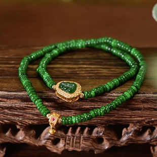 中国风天然辣绿干青算盘珠A货翡翠双圈手串危料镶嵌18K金手链首饰