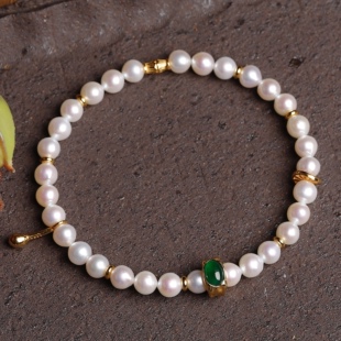 天然AK淡水珍珠手串手链近圆皮相好冰绿翡翠镶嵌S925纯银生日礼物