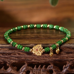 中国风珠宝首饰天然A货辣绿算盘珠干青翡翠手链手串通体18K金蝴蝶