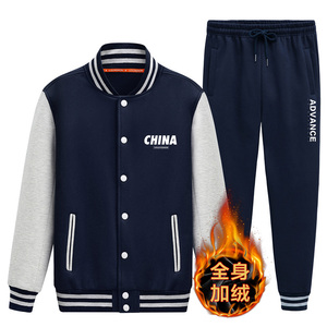 2021加绒加厚棒球服卫衣套装男休闲情侣运动套装A163-QQ8602-P95图片
