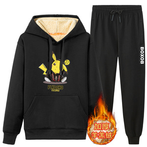 2020冬季男装纯色加绒百搭印花连帽卫衣外套套装A163-YG1150-P95图片