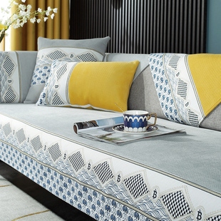 千鸟格纯色沙发垫四季 通用防滑沙发盖布雪尼尔沙发靠背万能套罩巾