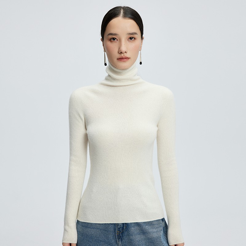 鄂尔多斯市无缝一体深灰色羊毛衫女堆堆领修身紧身羊绒针织打底衫