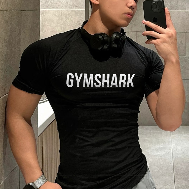 运动修身Gym鲨鱼经典款男士大码休闲修身弹力圆领字母健身短袖T恤
