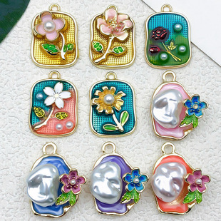 复古法式轻奢珐琅项链吊坠挂件DIY耳环油画花朵合金滴油饰品配件