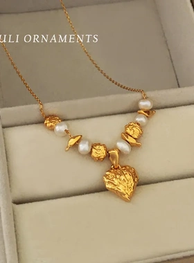 铜镀真金欧美捶打面设计爱心项链小众不规则养殖珍珠锁骨链女1927